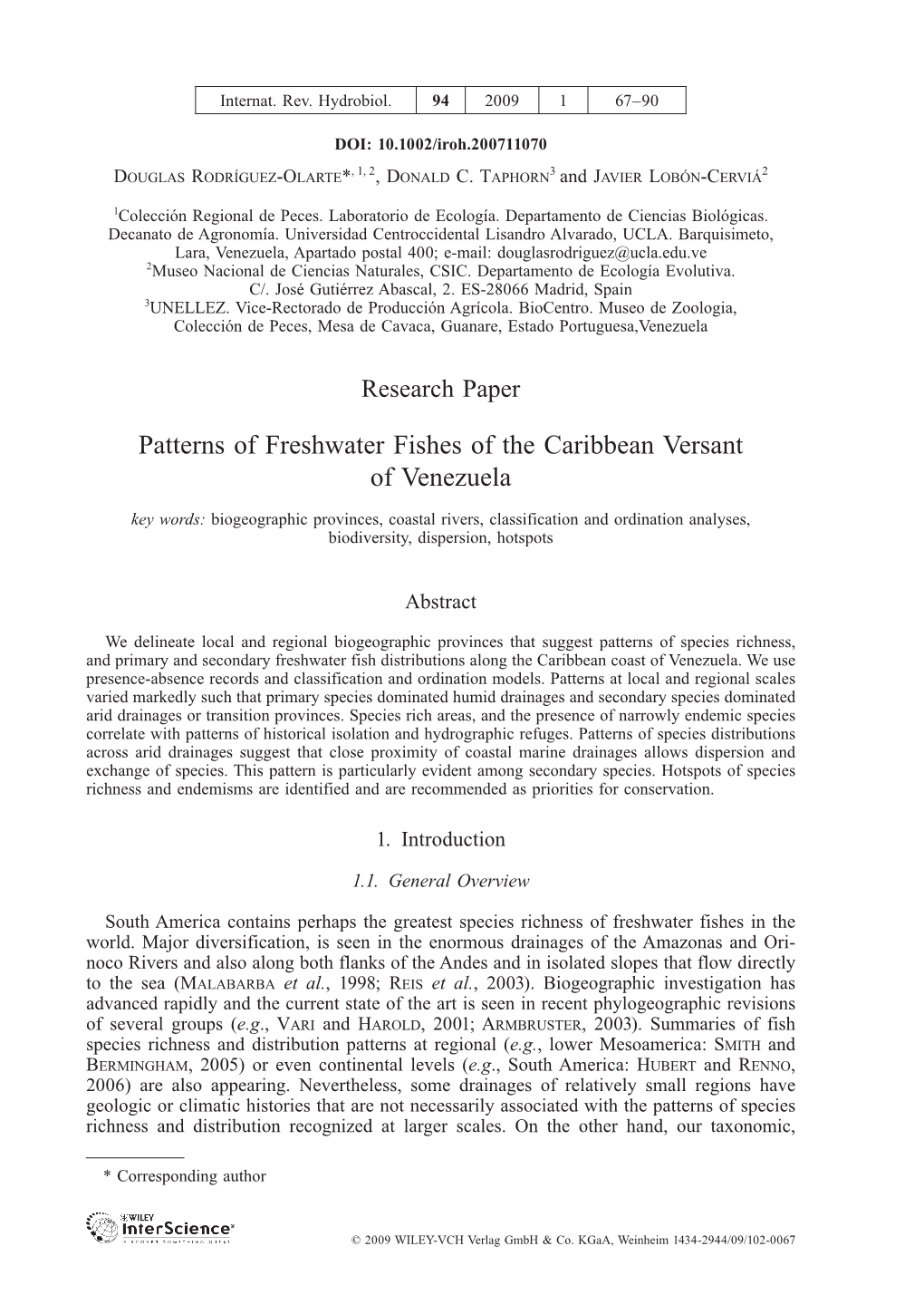 Patterns of Freshwater Fishes of the Caribbean Versant of Venezuela