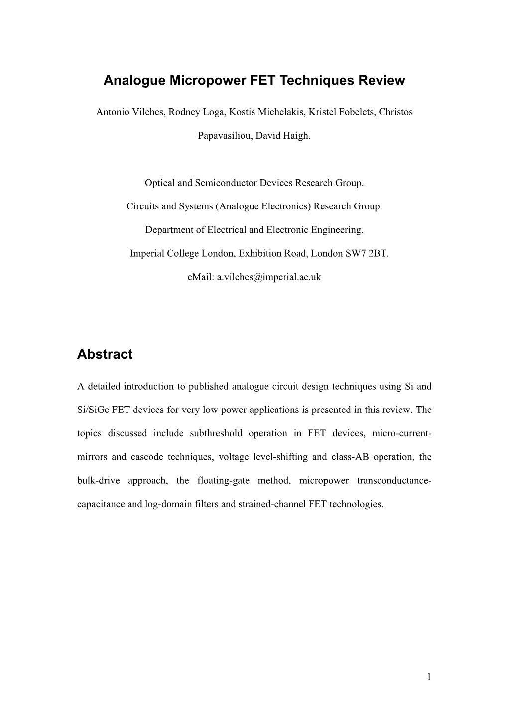 Analogue Micropower FET Techniques Review Abstract