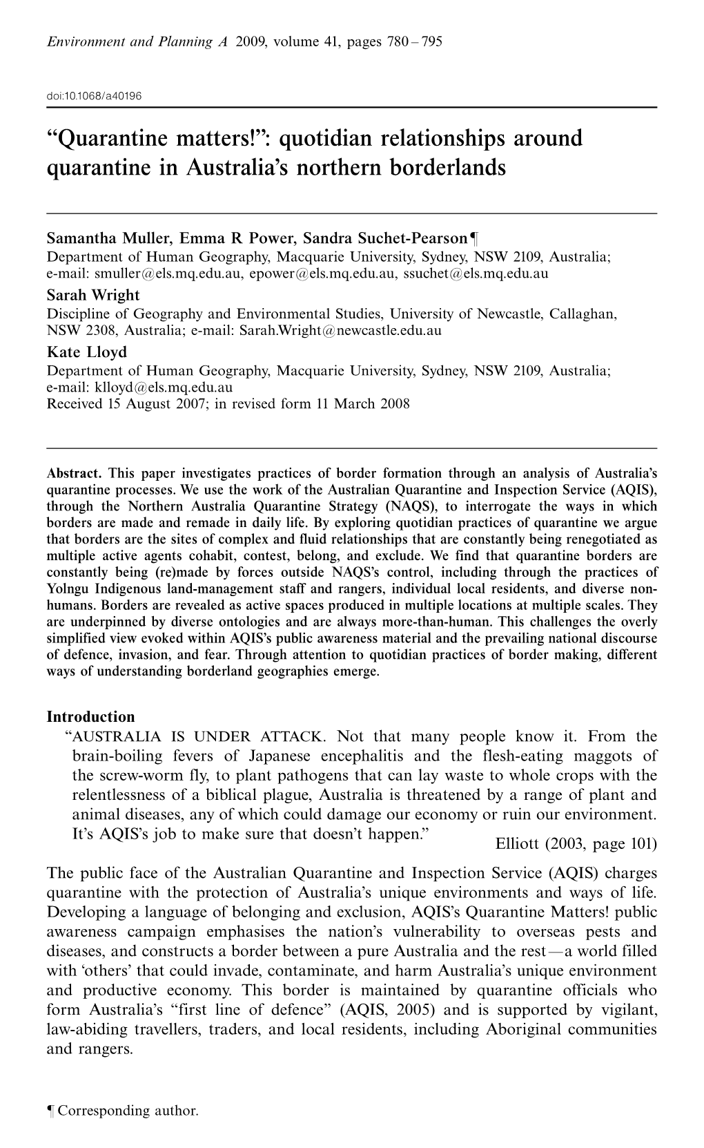 ``Quarantine Matters!'': Quotidian Relationships Around Quarantine in Australia's Northern Borderlands