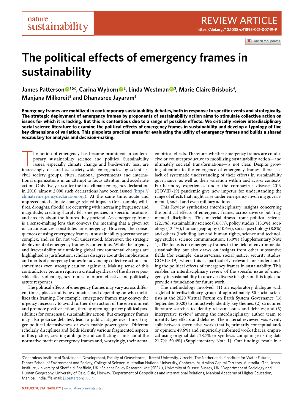 The Political Effects of Emergency Frames in Sustainability