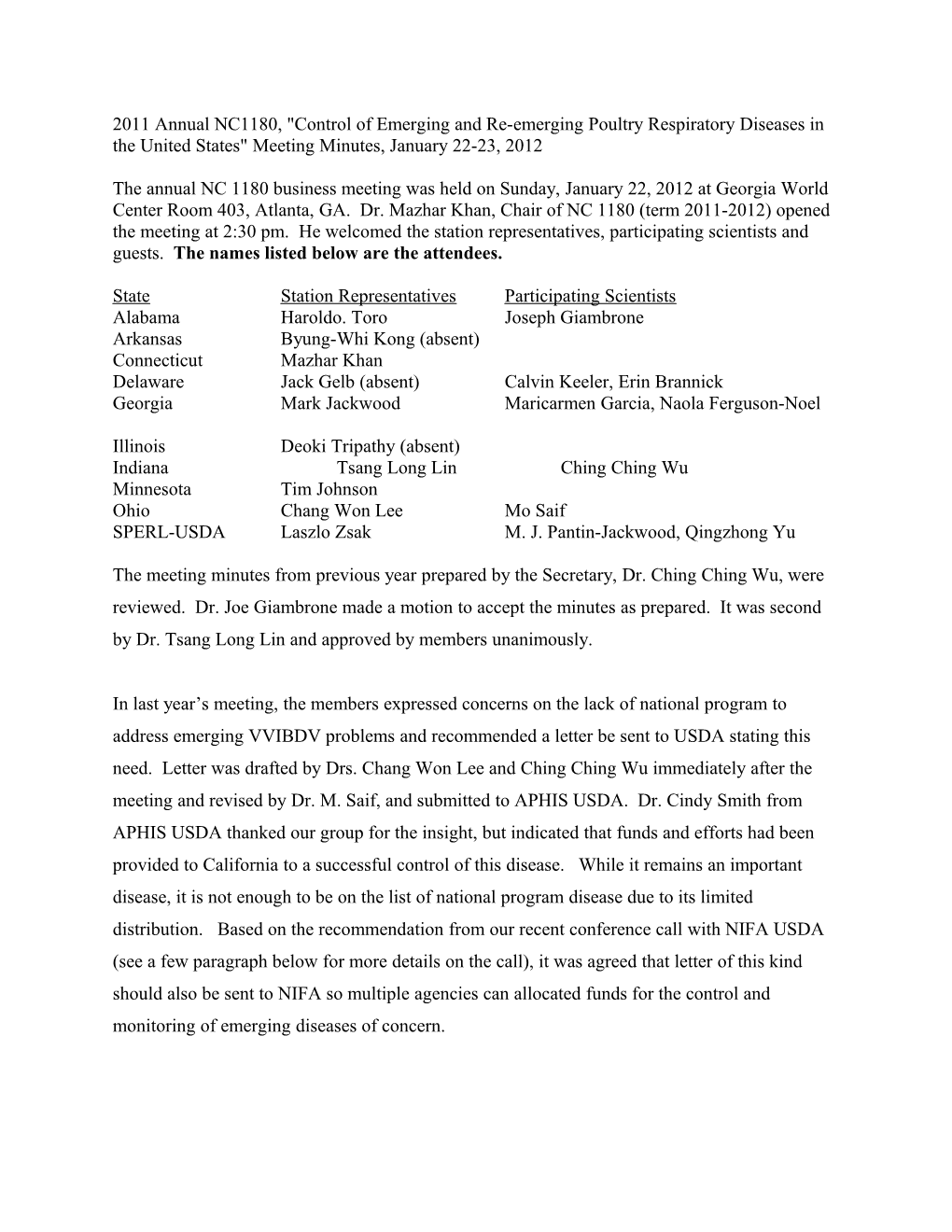 2007 Annual NC 1019 Meeting Minutes, January 22-23, 2008