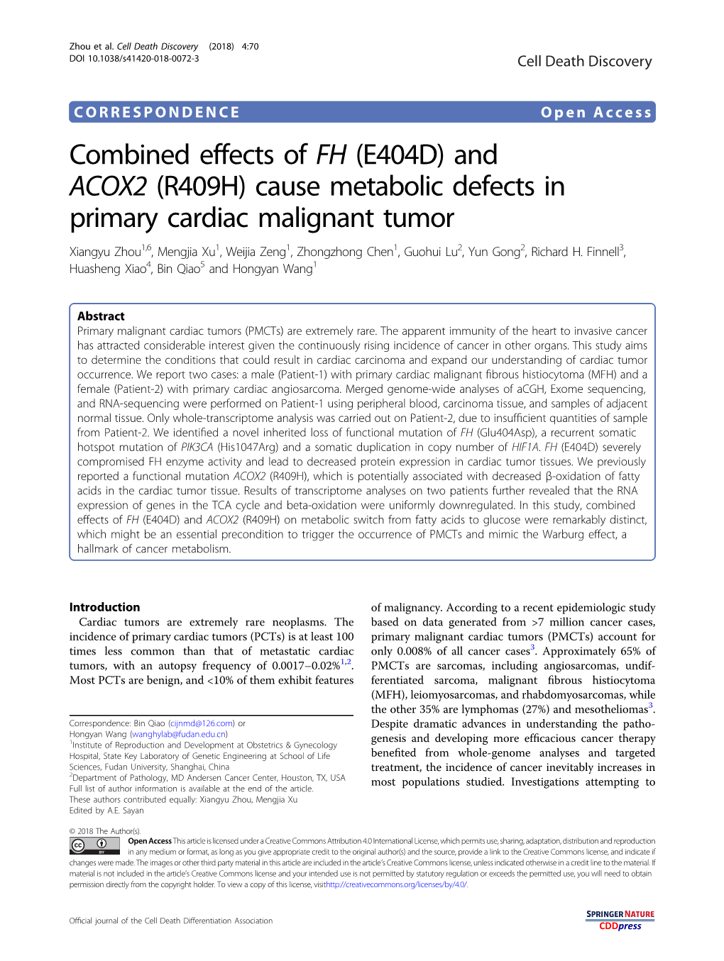 (R409H) Cause Metabolic Defects in Primary Cardiac Malignant Tumor