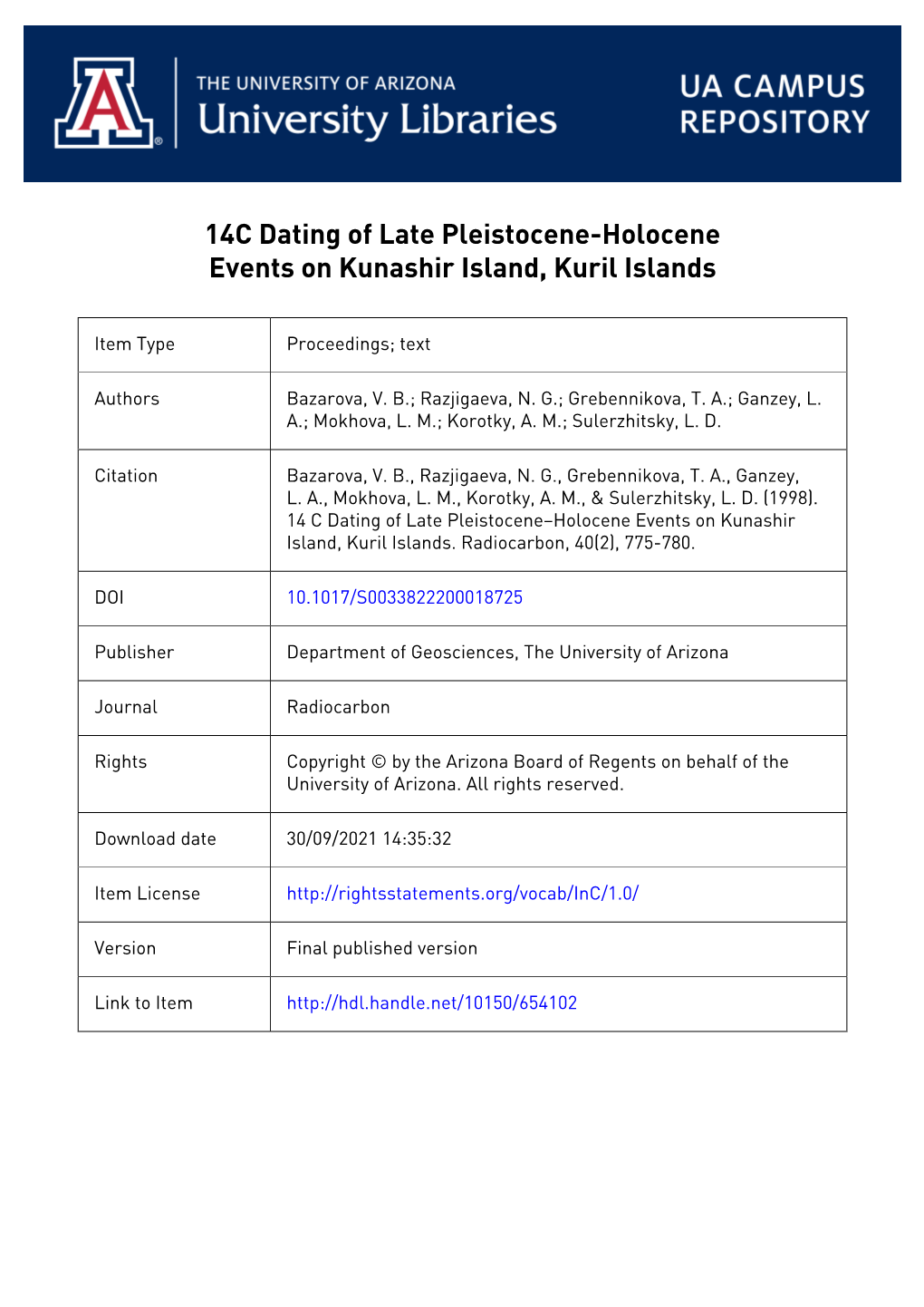 '4C Dating of Late Pleistocene-Holocene Events on Kunashir Island, Kuril Islands