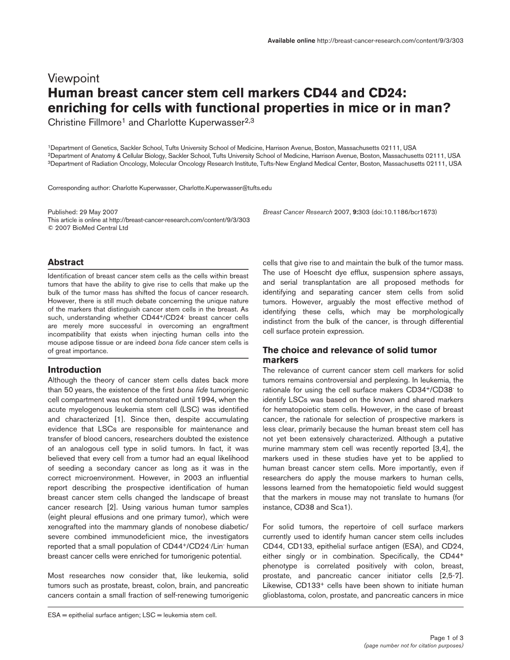 Human Breast Cancer Stem Cell Markers