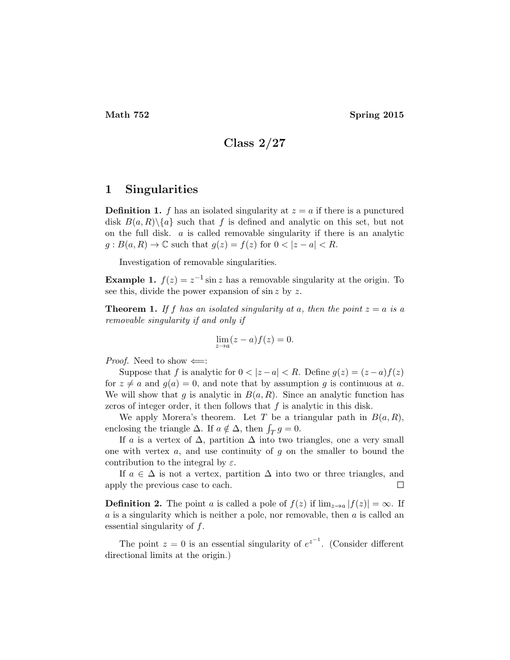 Class 2/27 1 Singularities