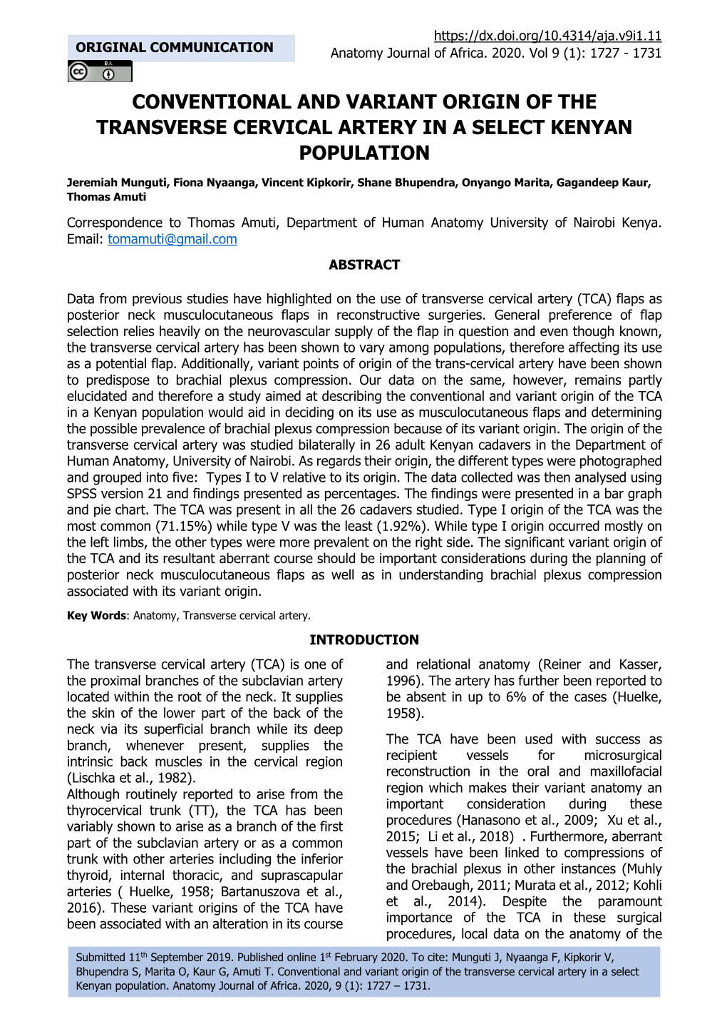 Conventional and Variant Origin of the Transverse Cervical Artery in a Select Kenyan Population