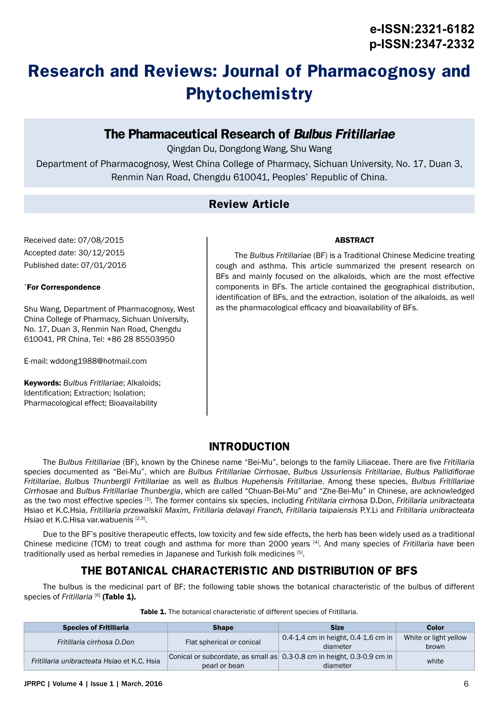 The Pharmaceutical Research of Bulbus Fritillariae