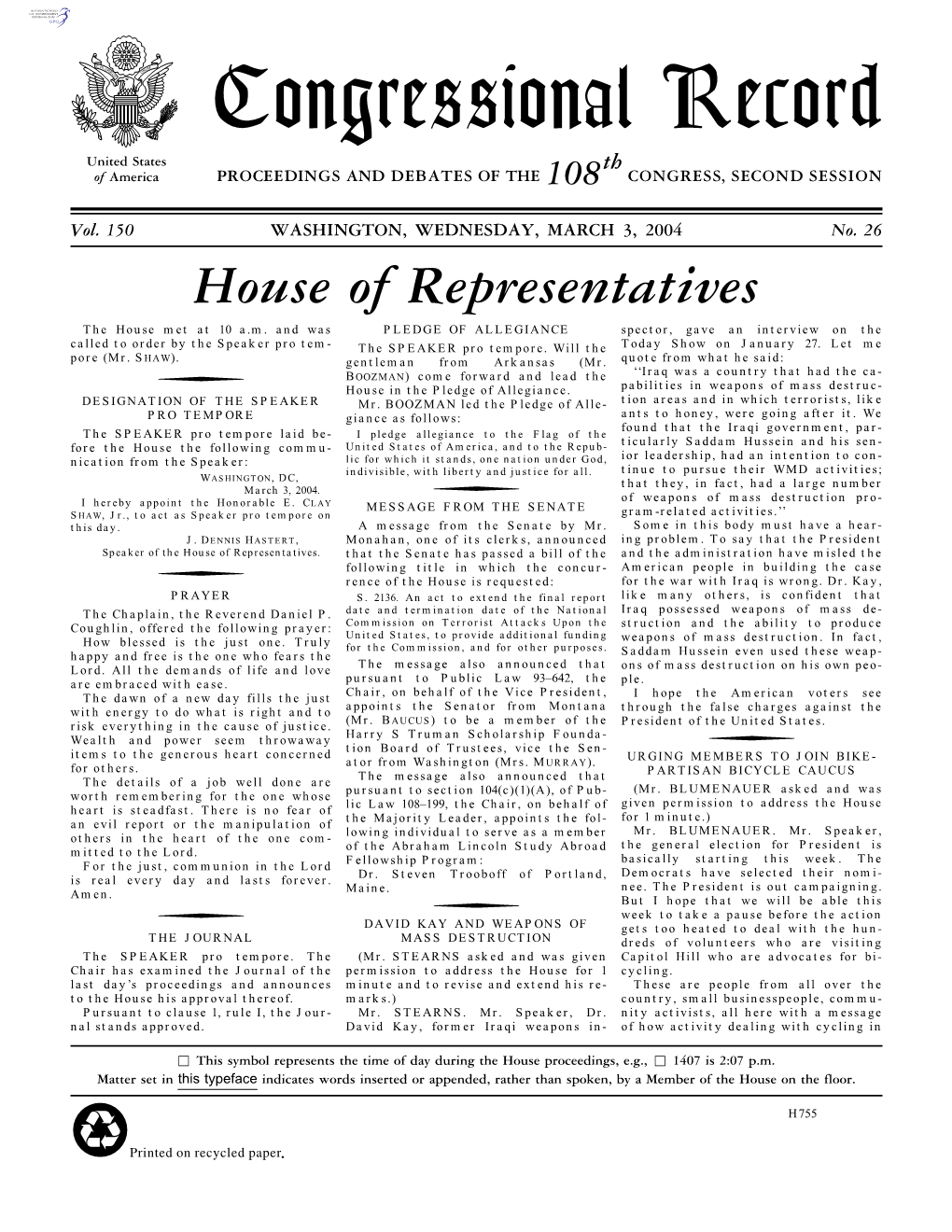 Congressional Record United States Th of America PROCEEDINGS and DEBATES of the 108 CONGRESS, SECOND SESSION