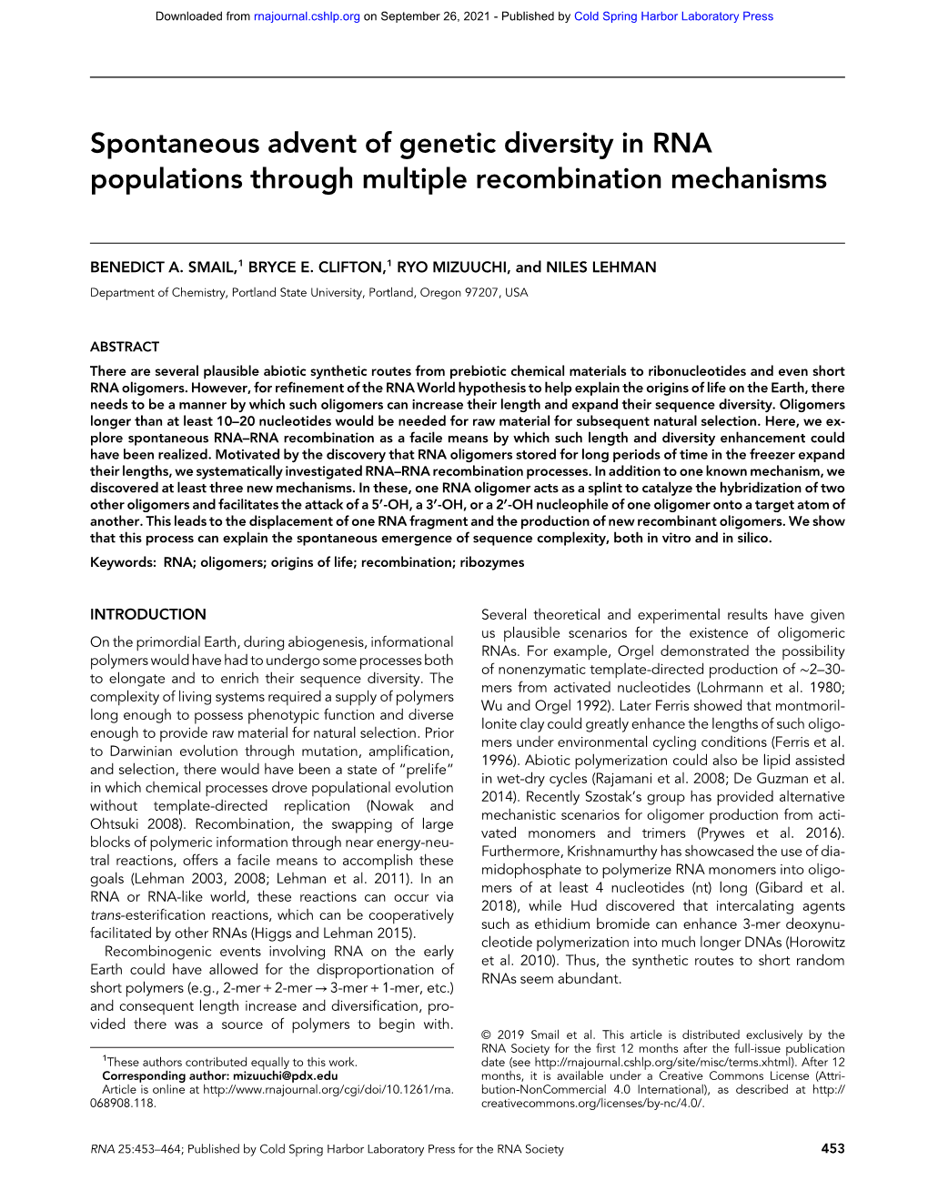 Spontaneous Advent of Genetic Diversity in RNA Populations Through Multiple Recombination Mechanisms