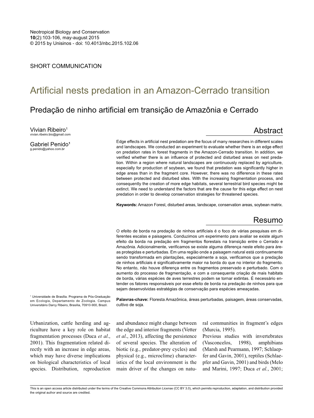 Artificial Nests Predation in an Amazon-Cerrado Transition