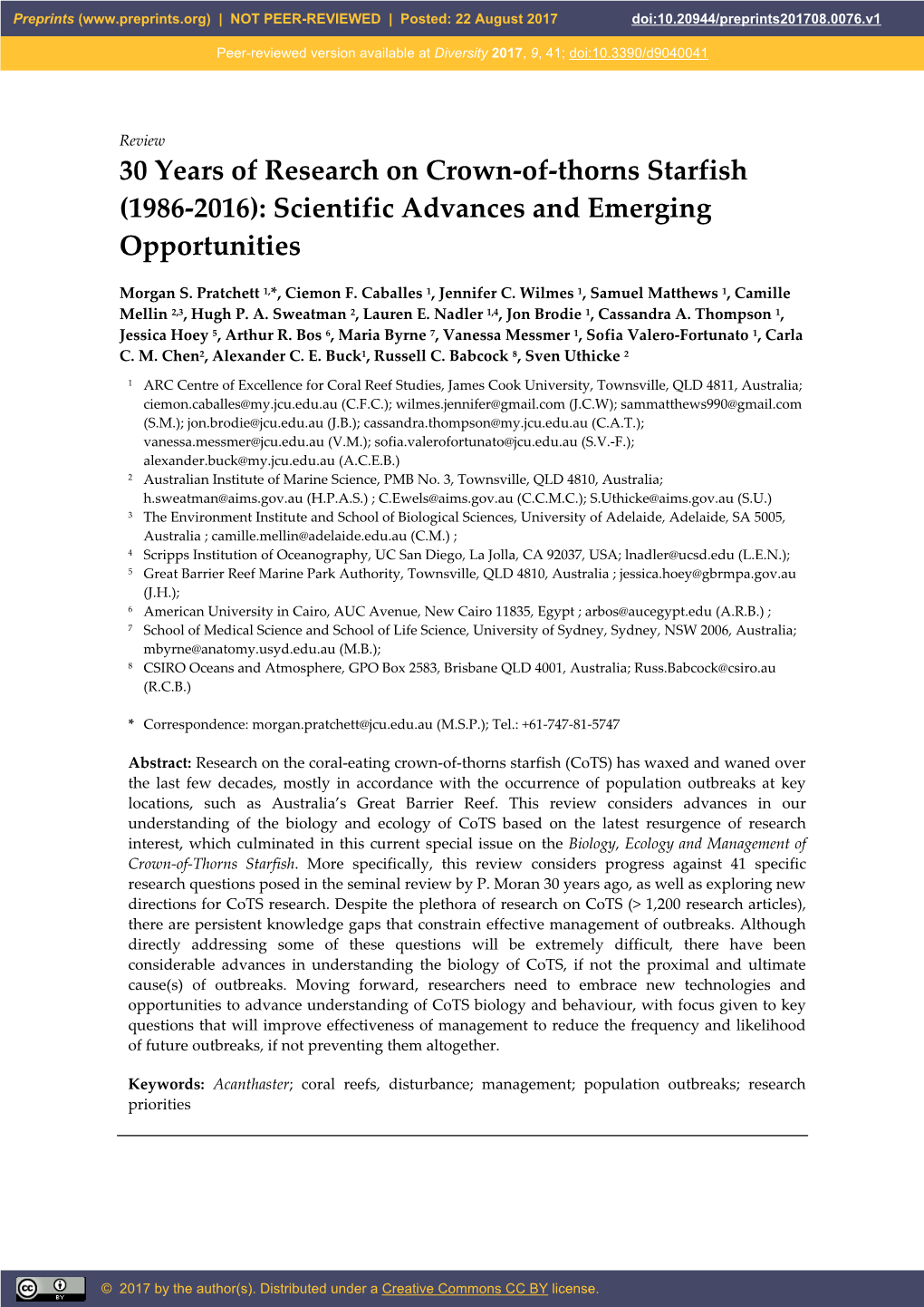 30 Years of Research on Crown-Of-Thorns Starfish (1986-2016): Scientific Advances and Emerging Opportunities