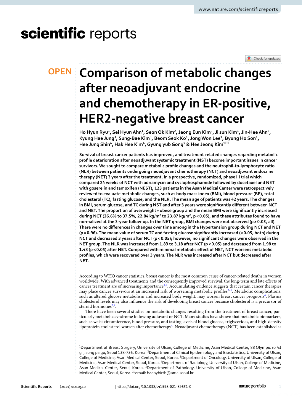 Comparison of Metabolic Changes After Neoadjuvant Endocrine And