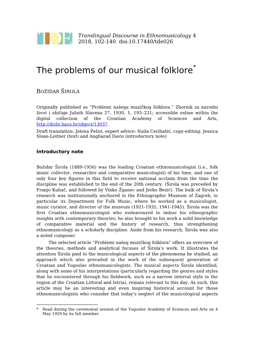 The Problems of Our Musical Folklore*