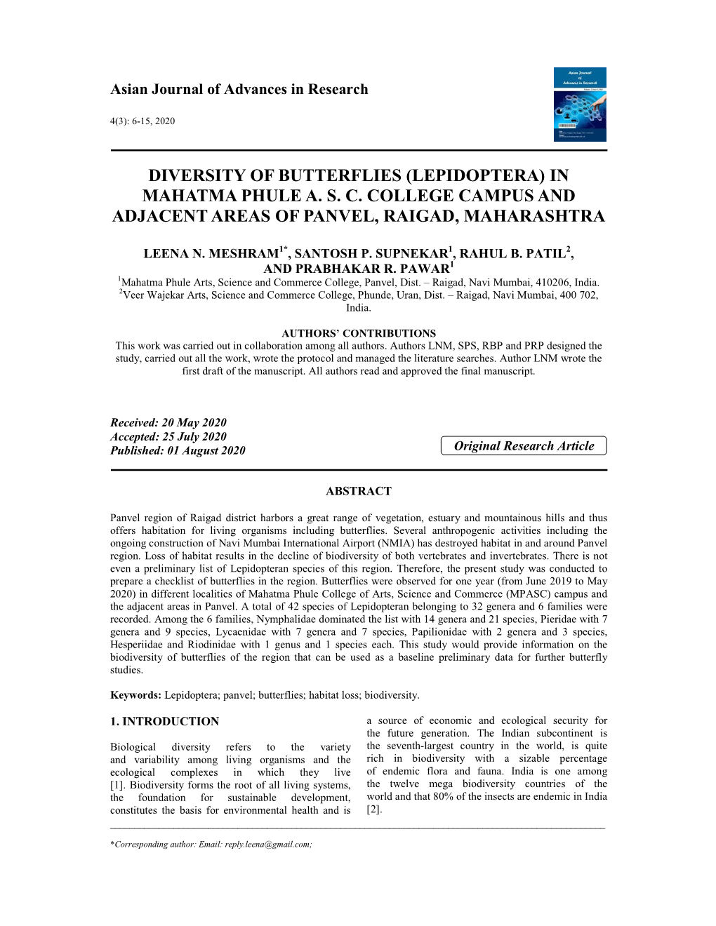 Diversity of Butterflies (Lepidoptera) in Mahatma Phule A