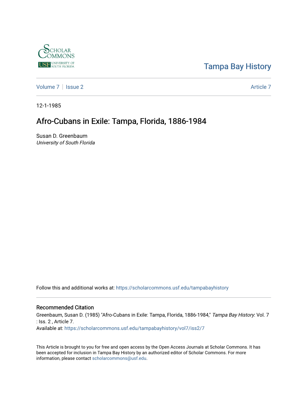 Afro-Cubans in Exile: Tampa, Florida, 1886-1984