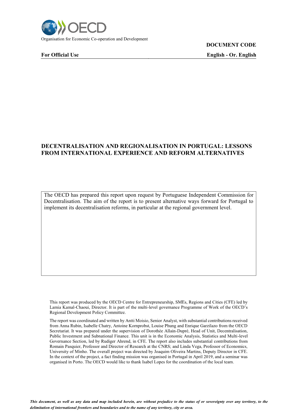 Decentralisation and Regionalisation in Portugal: Lessons from International Experience and Reform Alternatives