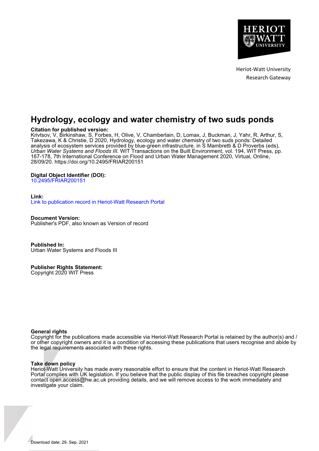 Hydrology, Ecology and Water Chemistry of Two Suds Ponds