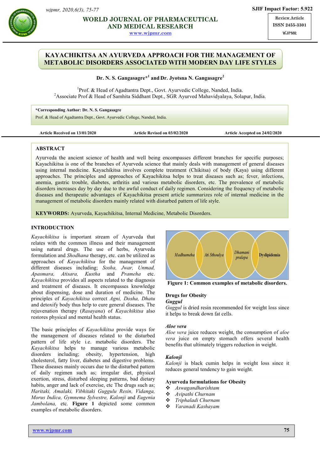 Kayachikitsa an Ayurveda Approach for the Management of Metabolic Disorders Associated with Modern Day Life Styles