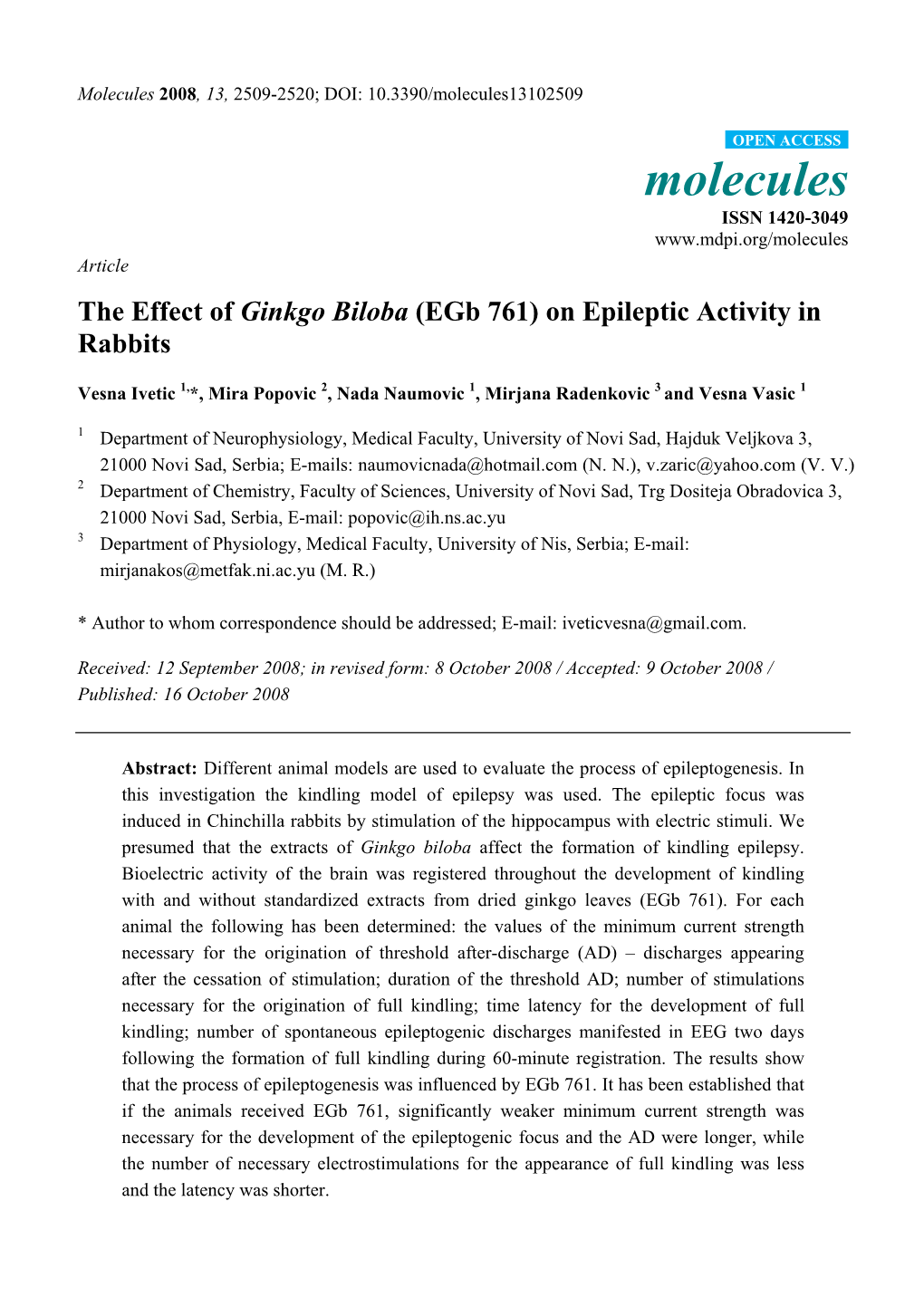 The Effect of Ginkgo Biloba (Egb 761) on Epileptic Activity in Rabbits