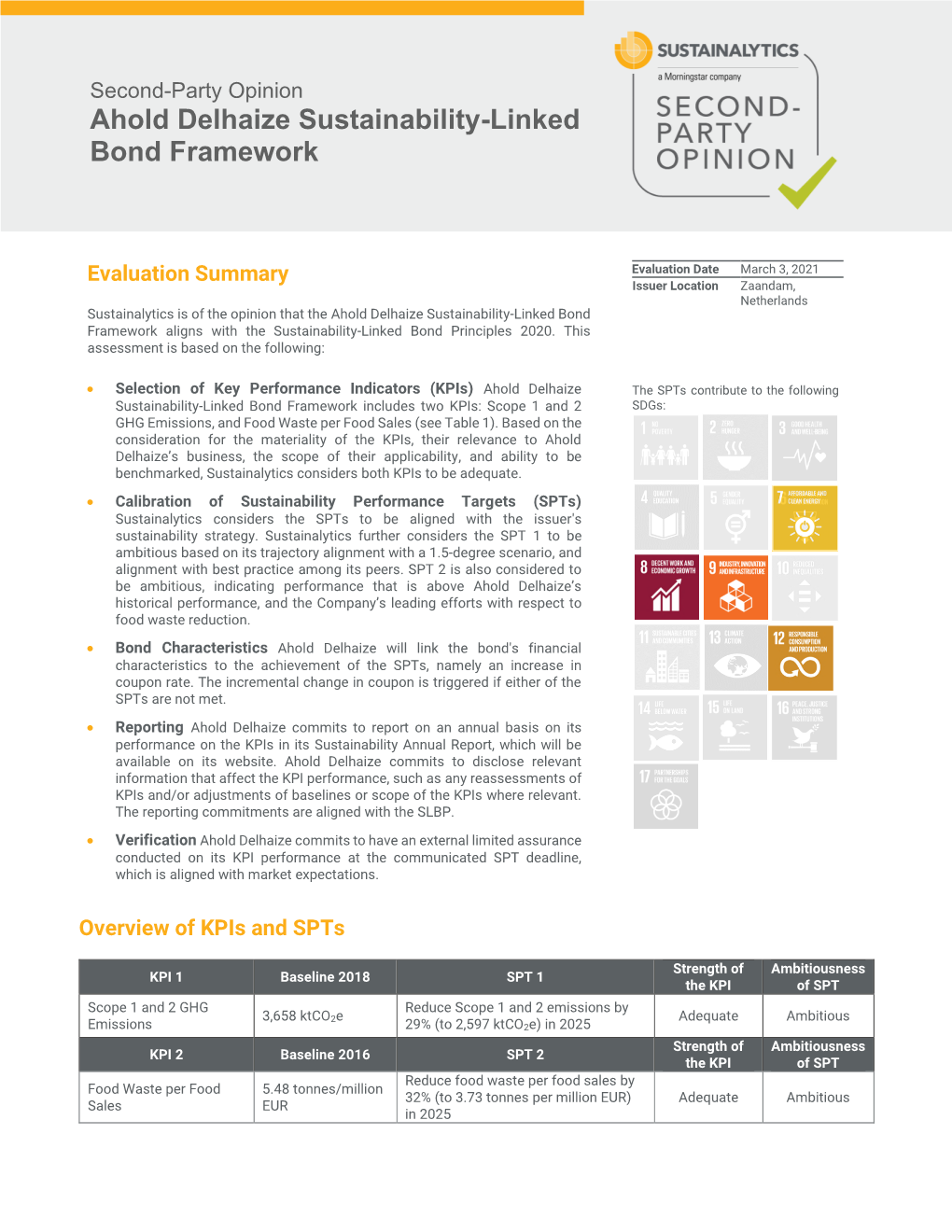 Ahold Delhaize Sustainability-Linked Bond Framework