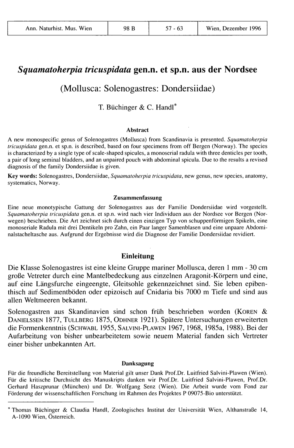 Squamatoherpia Tricuspidata Gen.N. Et Sp.N. Aus Der Nordsee (Mollusca: Solenogastres: Dondersiidae)