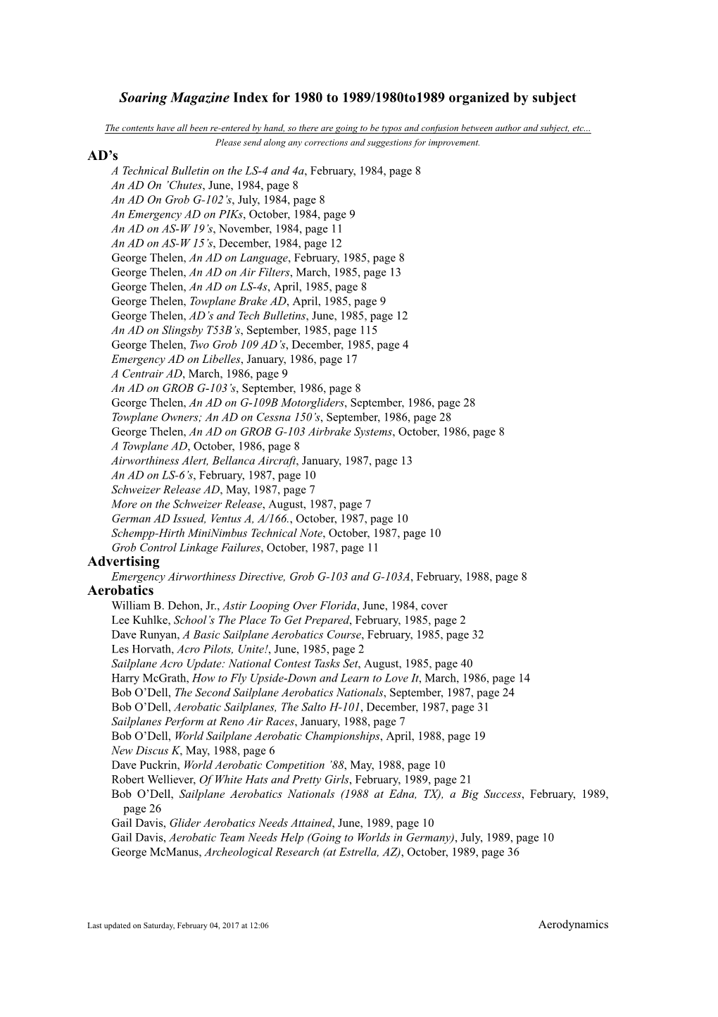 Soaring Magazine Index for 1980 to 1989/1980To1989 Organized by Subject