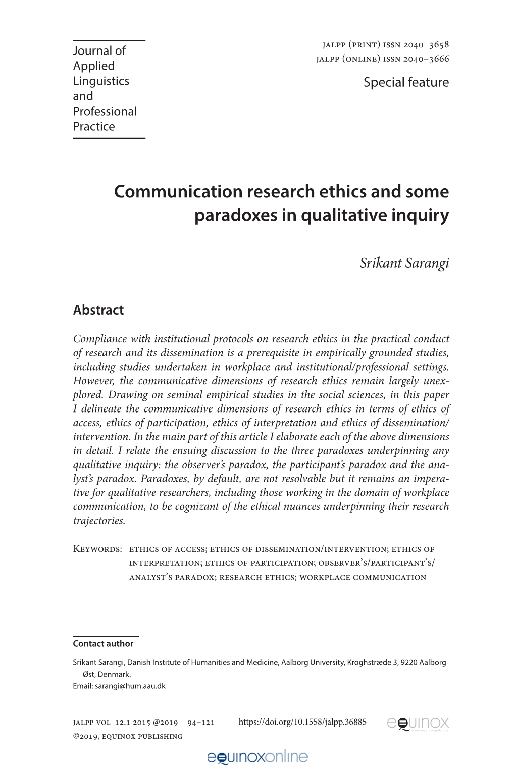 Communication Research Ethics and Some Paradoxes in Qualitative Inquiry