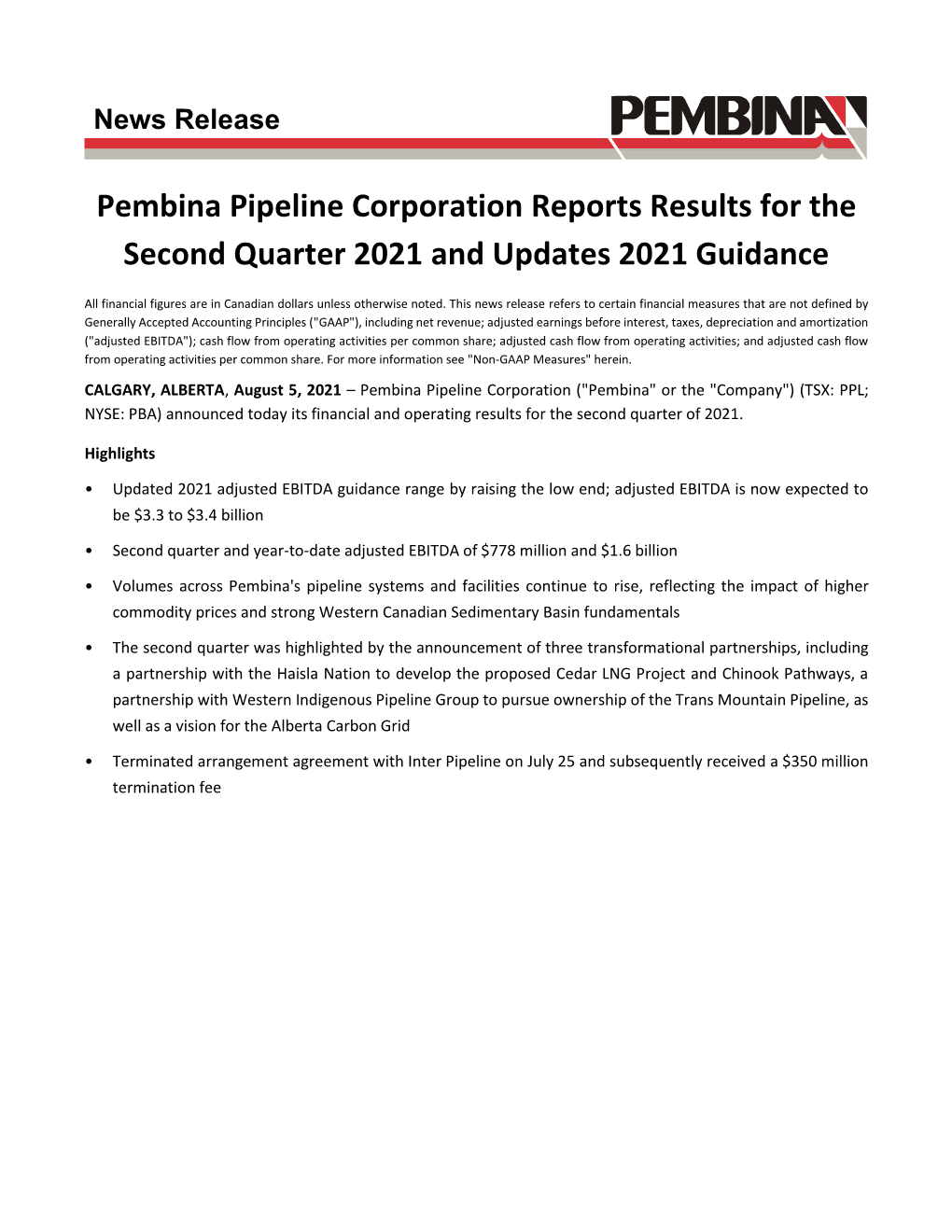 Pembina Pipeline Corporation Reports Results for the Second