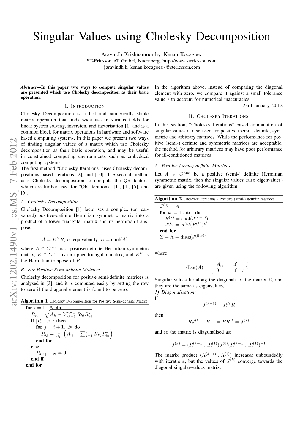 Singular Values Using Cholesky Decomposition