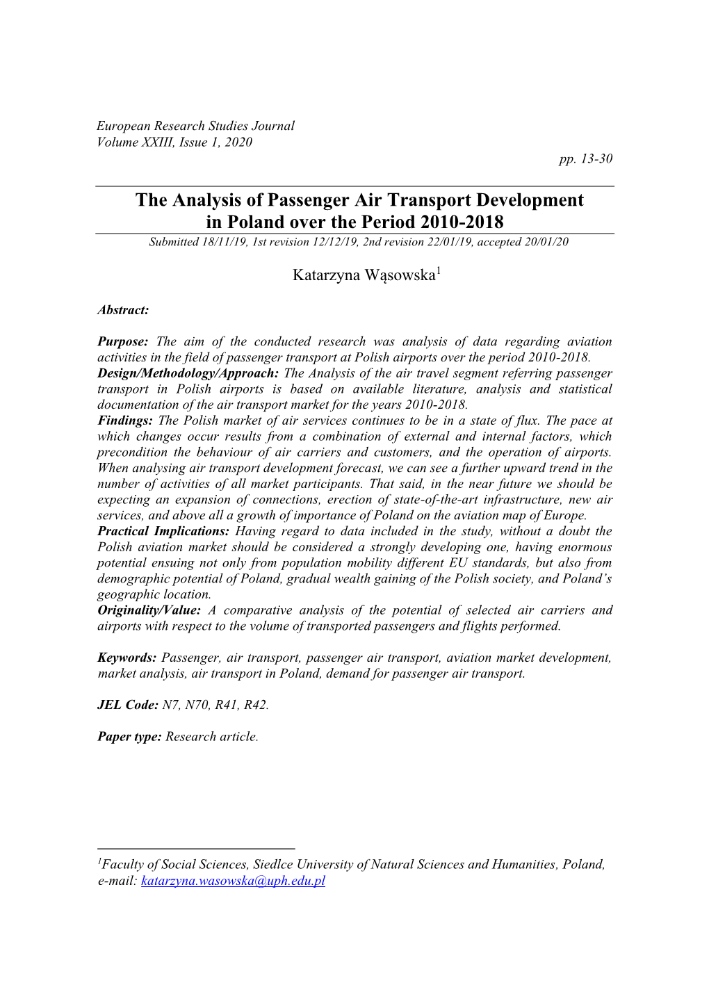 The Analysis of Passenger Air Transport Development in Poland Over the Period 2010-2018