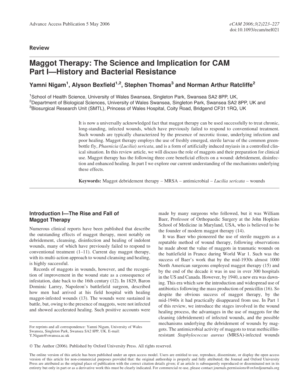 Maggot Therapy: the Science and Implication for CAM Part I—History and Bacterial Resistance