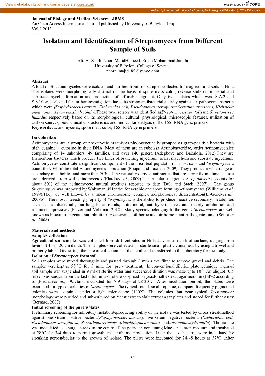 Isolation and Identification of Streptomyces from Different Sample of Soils