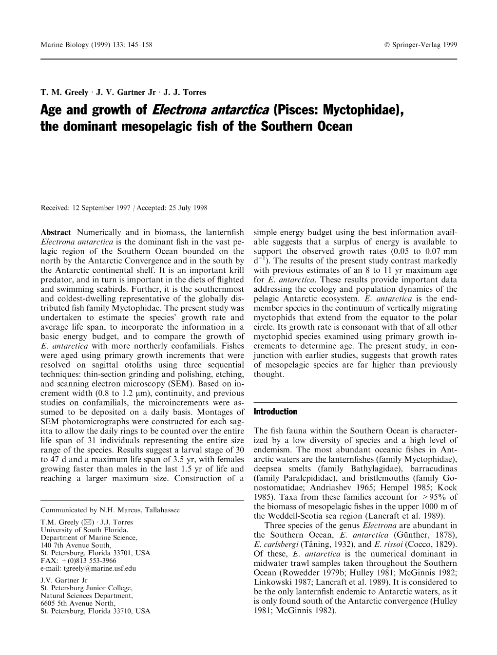 Age and Growth of Electrona Antarctica (Pisces: Myctophidae), the Dominant Mesopelagic ®Sh of the Southern Ocean