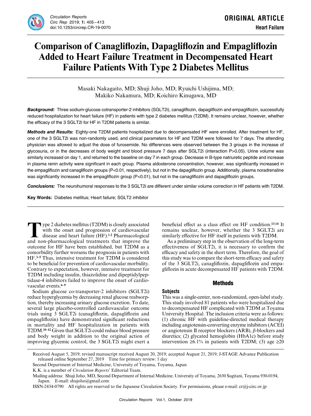 Comparison of Canagliflozin, Dapagliflozin and Empagliflozin Added to Heart Failure Treatment in Decompensated Heart Failure Patients with Type 2 Diabetes Mellitus