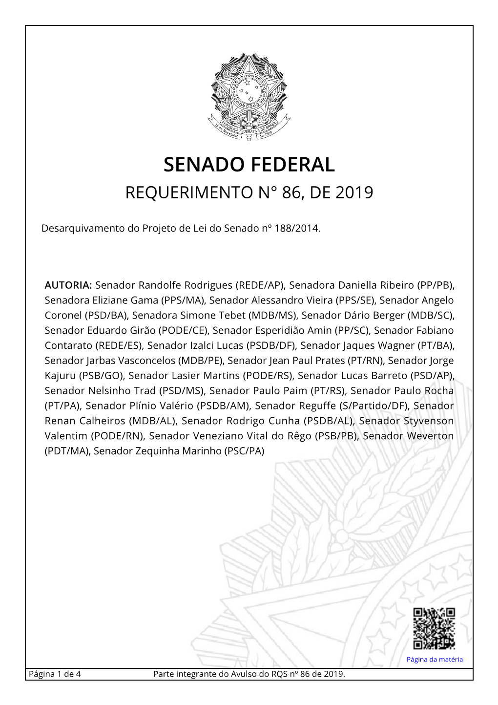 Senado Federal Requerimento N° 86, De 2019