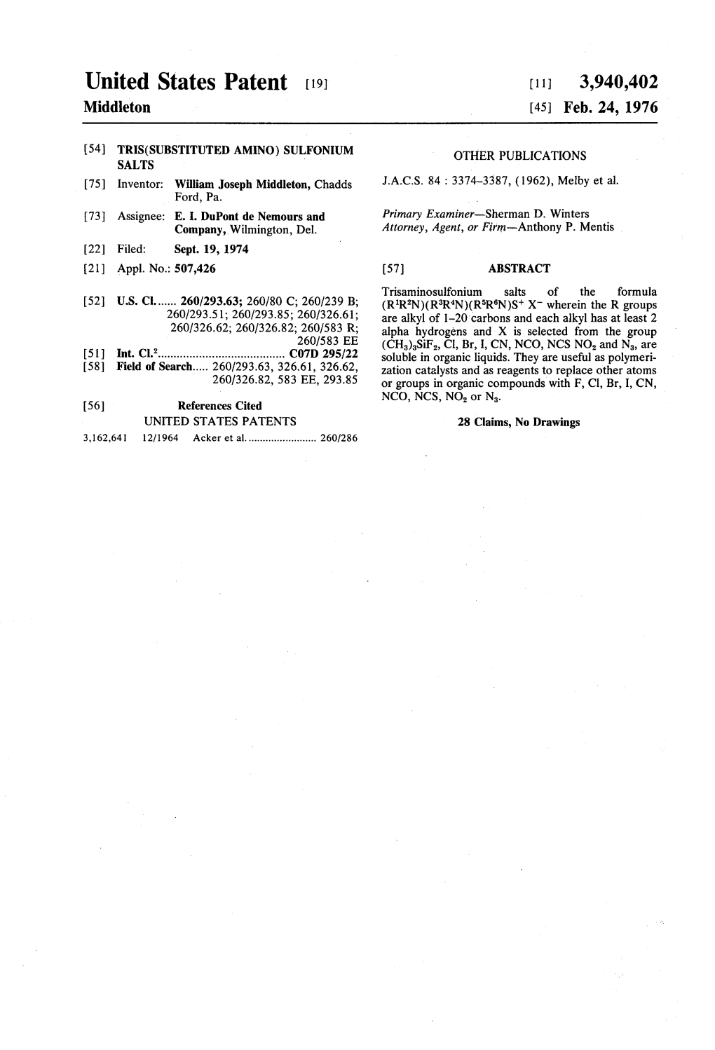 United States Patent 19 [11] 3,940,402 Middleton (45) Feb