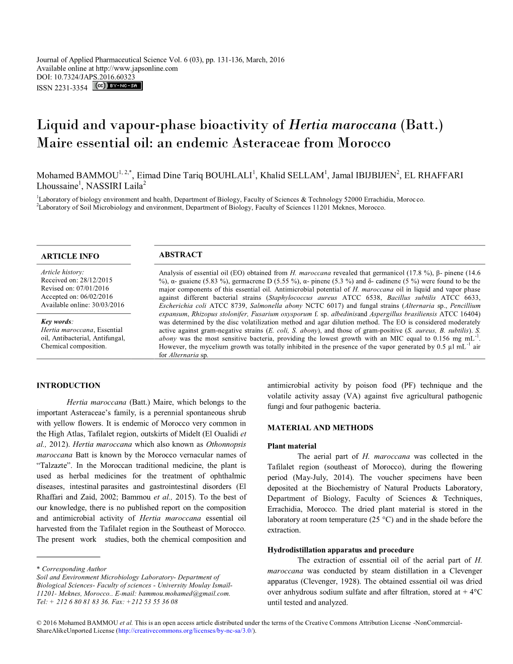 Liquid and Vapour-Phase Bioactivity of Hertia Maroccana (Batt.) Maire Essential Oil: an Endemic Asteraceae from Morocco