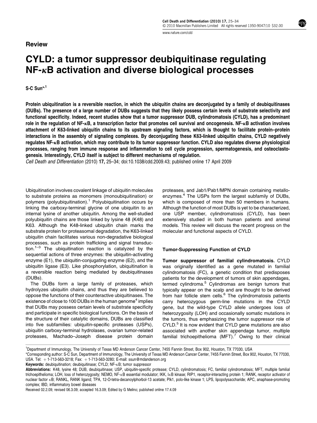 CYLD: a Tumor Suppressor Deubiquitinase Regulating NF-Jb Activation and Diverse Biological Processes