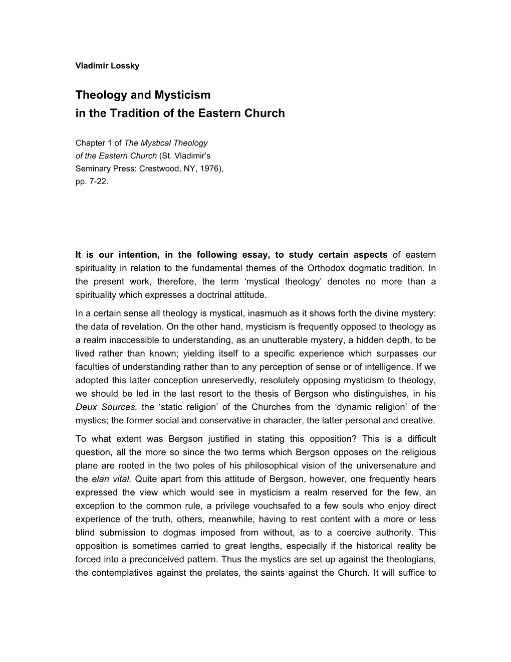 Theology and Mysticism in the Tradition of the Eastern Church