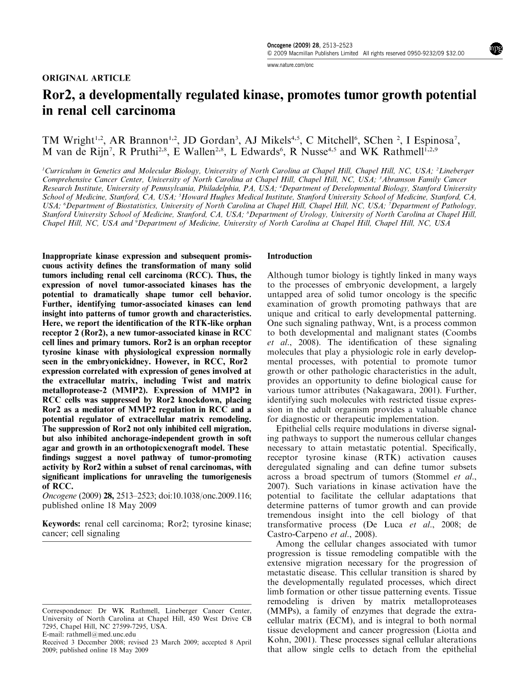 Ror2, a Developmentally Regulated Kinase, Promotes Tumor Growth Potential in Renal Cell Carcinoma