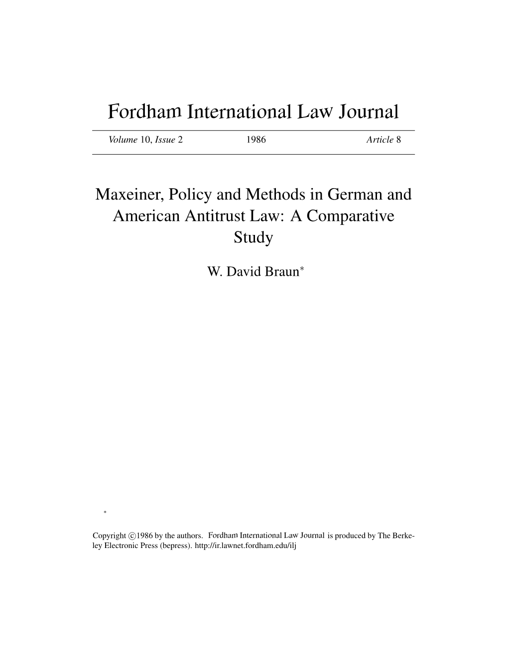 Maxeiner, Policy and Methods in German and American Antitrust Law: a Comparative Study