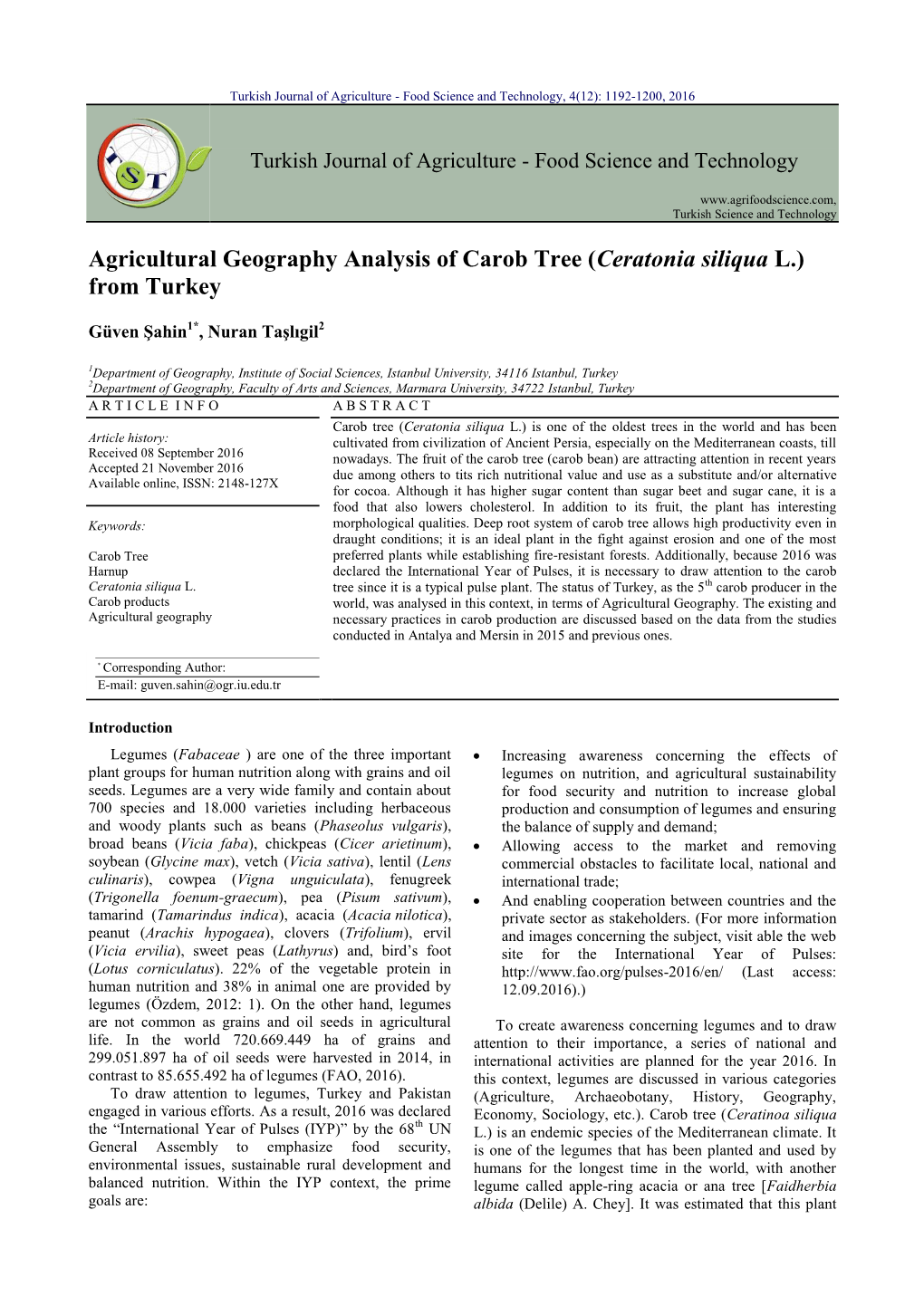 Agricultural Geography Analysis of Carob Tree (Ceratonia Siliqua L.) from Turkey