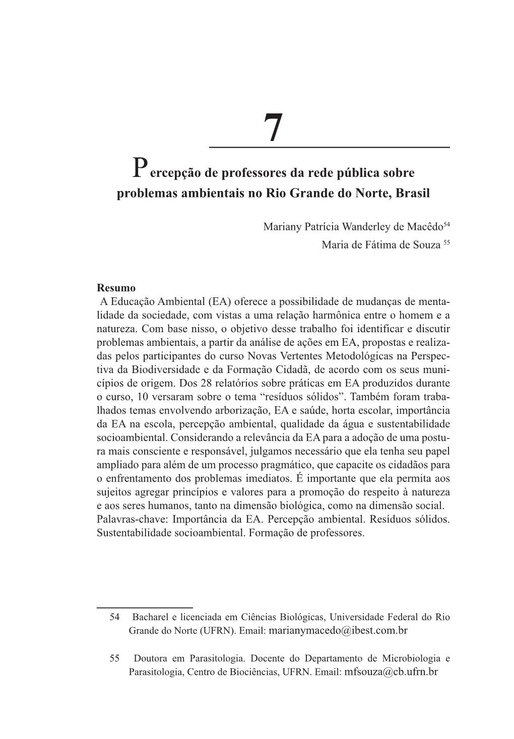 Percepção De Professores Da Rede Pública Sobre Problemas Ambientais No Rio Grande Do Norte, Brasil