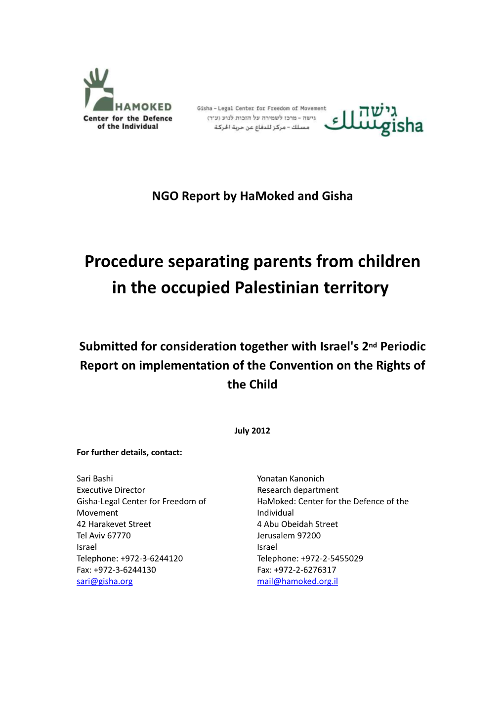 Procedure Separating Parents from Children in the Occupied Palestinian Territory