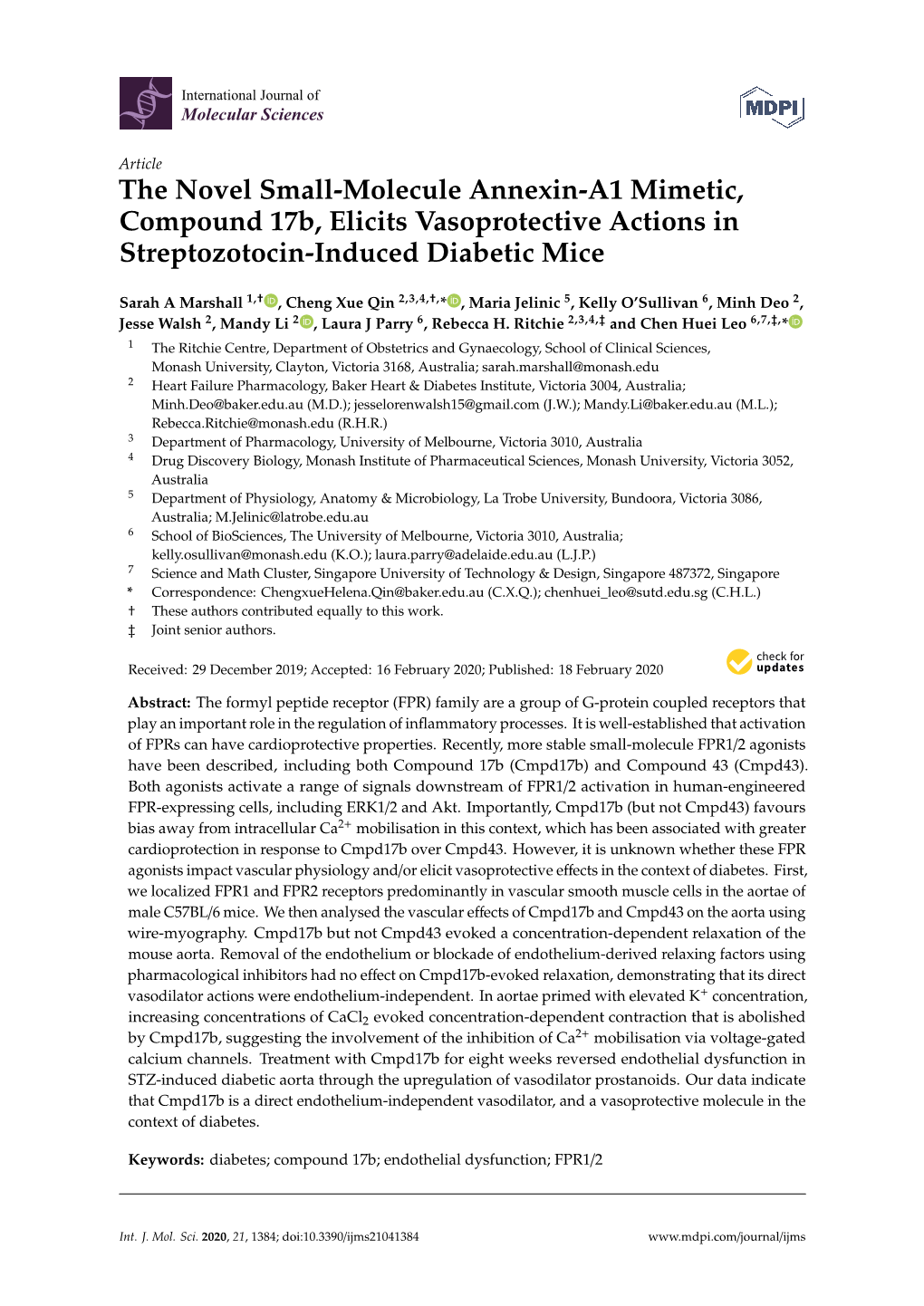 The Novel Small-Molecule Annexin-A1 Mimetic, Compound 17B, Elicits Vasoprotective Actions in Streptozotocin-Induced Diabetic Mice