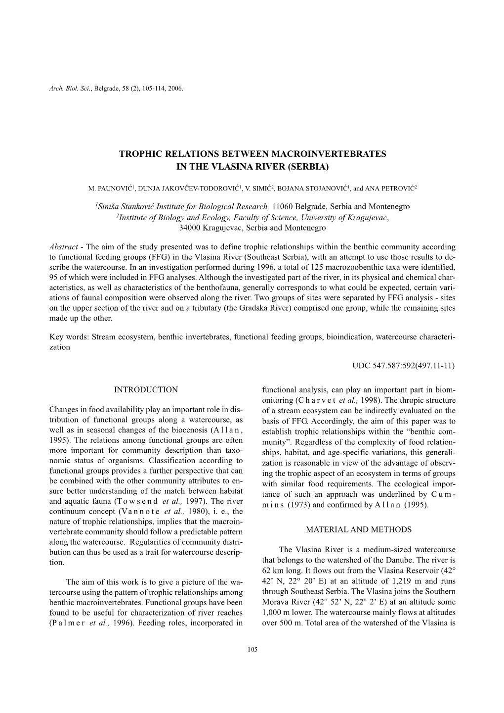 Trophic Relations Between Macroinvertebrates in the Vlasina River (Serbia)