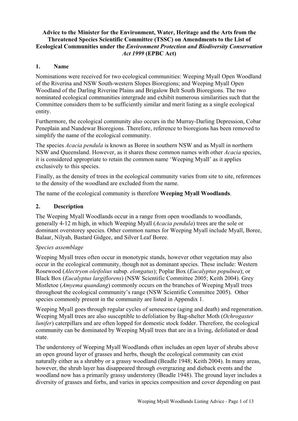 Listing Advice - Page 1 of 13 and Current Grazing Regimes, and the Occurrence of Recent Rain (NSW Scientific Committee 2005)