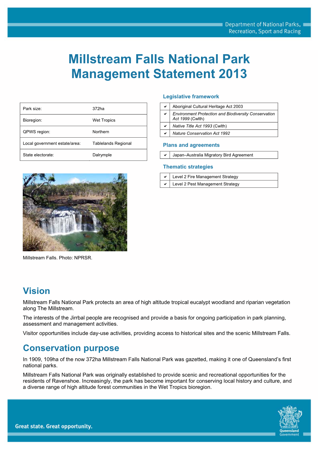 Millstream Falls National Park Management Statement 2013