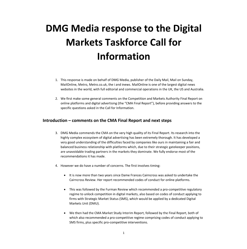 DMG Media Response to the Digital Markets Taskforce Call for Information