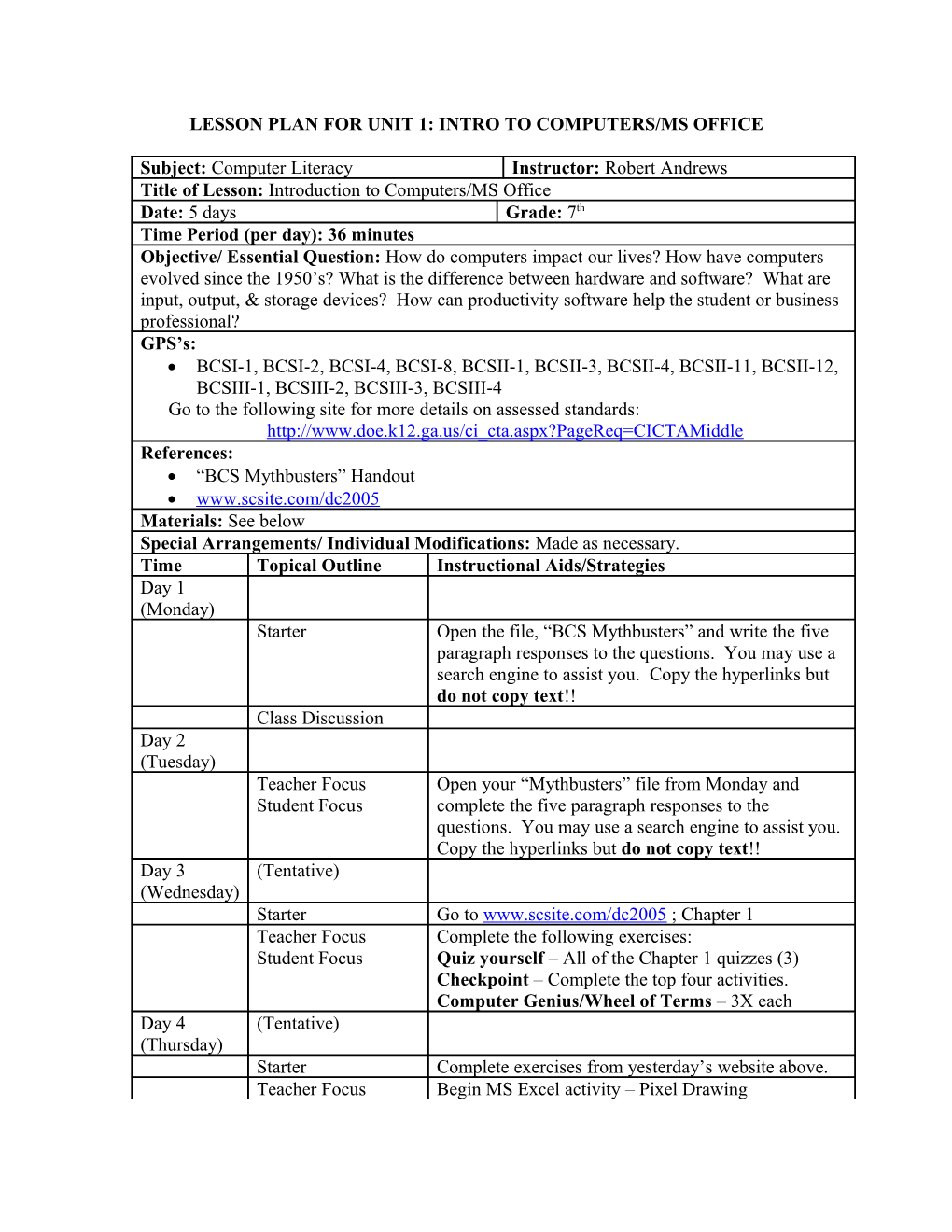 Lesson Plan for Unit 1: Intro to Computers/Ms Office